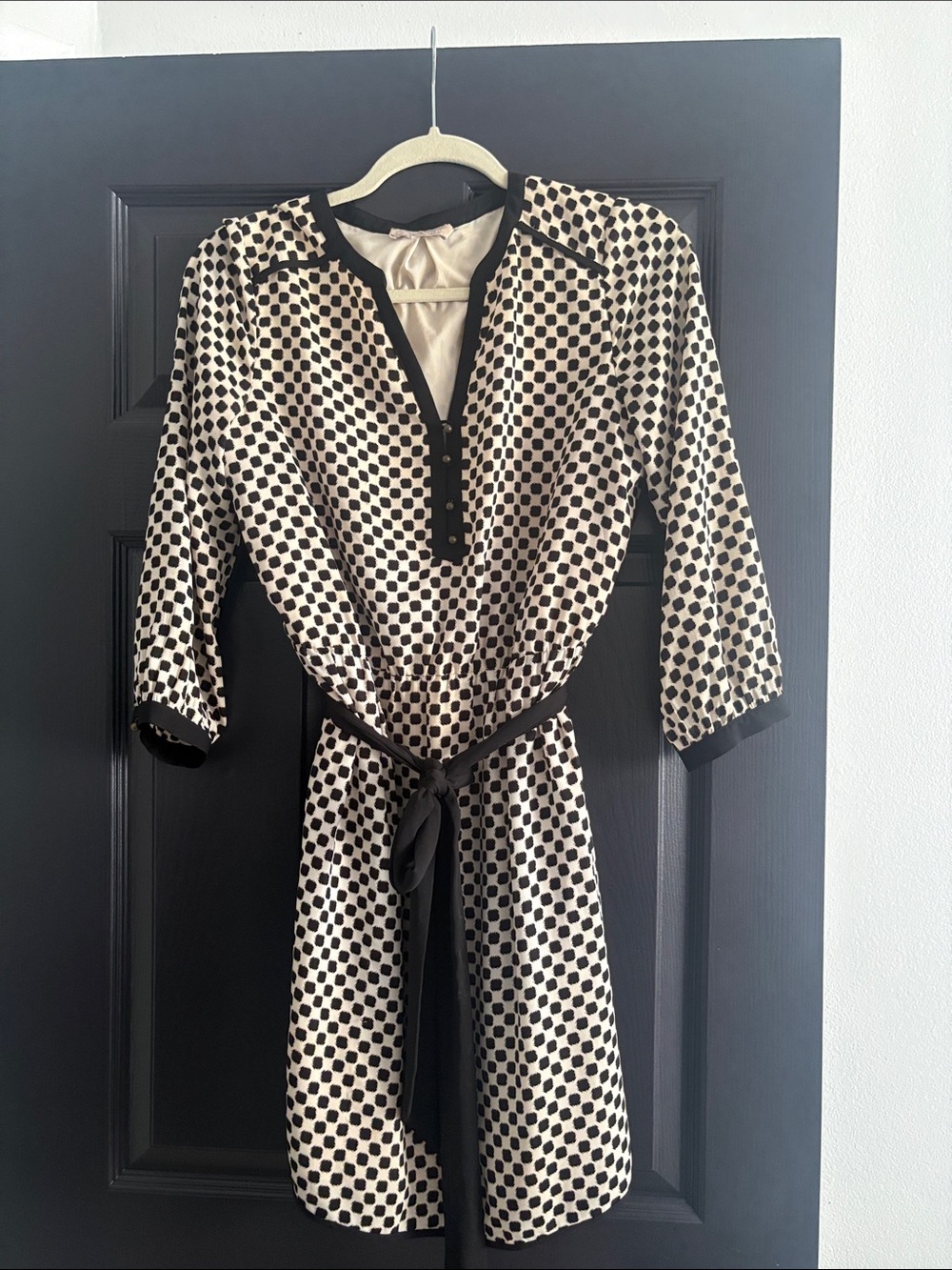 Banana Republic Black & Cream Polka Dot Belted Shirt Dress